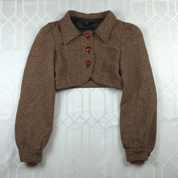 SOLD! Wool Blend Herringbone Bolero Old Fashioned Zara - Picture 2 of 12